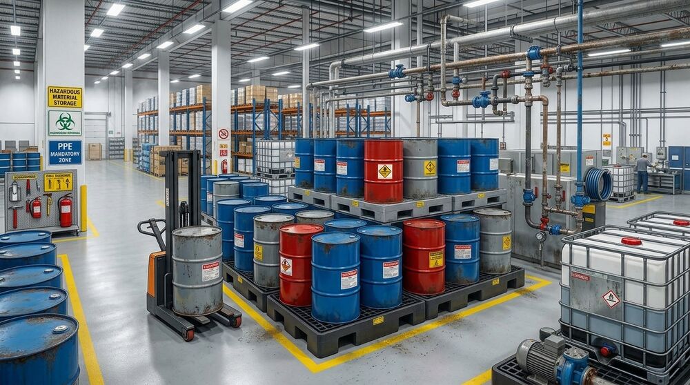 Labeled drums and totes in a hazardous material storage area