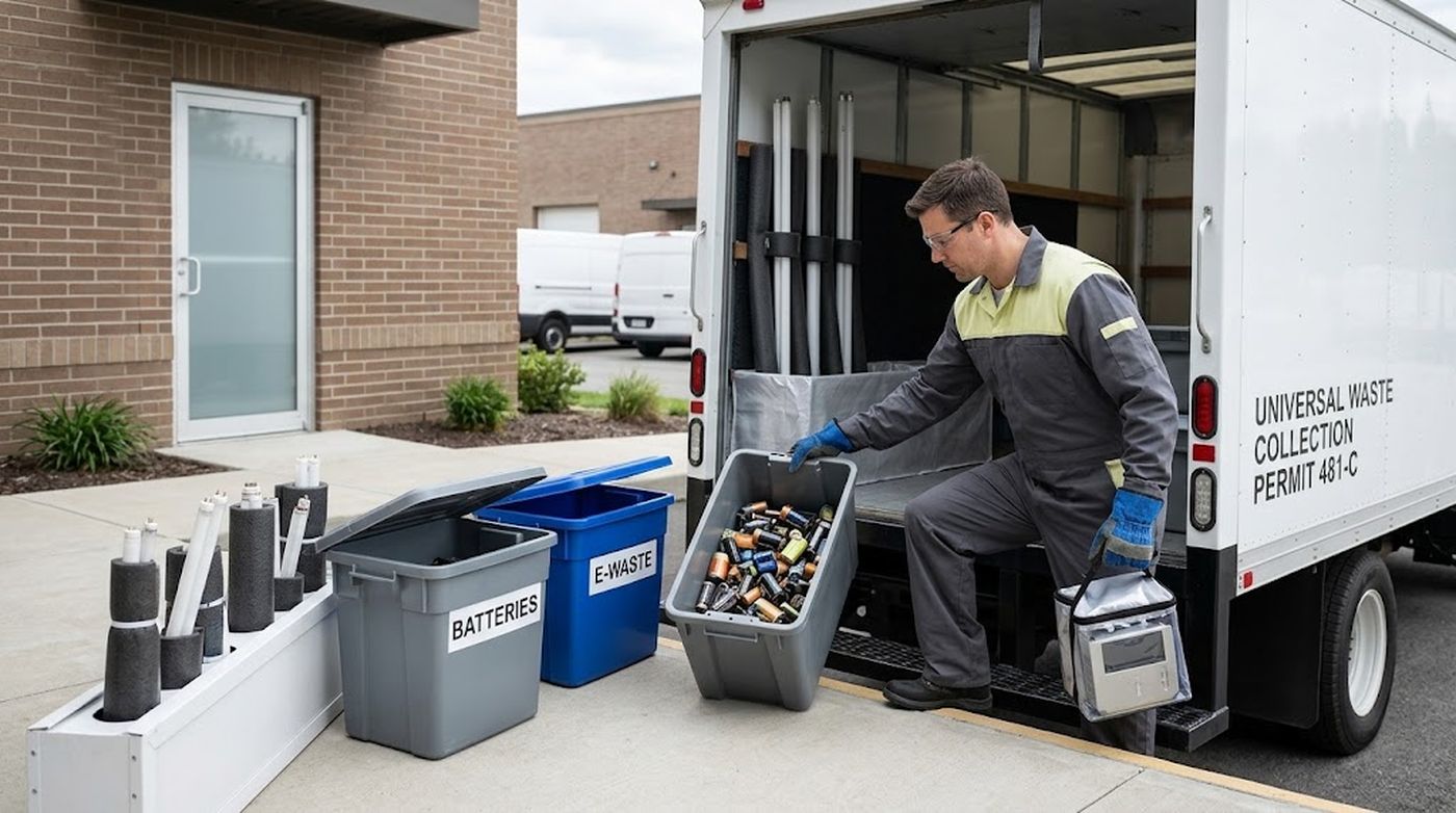 A worker loading a bin of used batteries into a universal waste collection truck, beside bins for batteries and e-waste